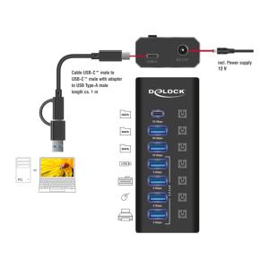 DELOCK USB hub 64326 με διακόπτες, 7x θυρών, 10Gbps, USB/USB-C σύνδεση, μαύρο | Συνοδευτικά PC | elabstore.gr