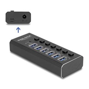 DELOCK USB hub 64326 με διακόπτες, 7x θυρών, 10Gbps, USB/USB-C σύνδεση, μαύρο | Συνοδευτικά PC | elabstore.gr