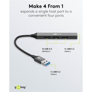 GOOBAY USB hub 74456, 4x θυρών, USB 3.2, 5Gbps, USB σύνδεση, γκρι | Συνοδευτικά PC | elabstore.gr