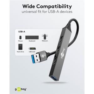 GOOBAY USB hub 74456, 4x θυρών, USB 3.2, 5Gbps, USB σύνδεση, γκρι | Συνοδευτικά PC | elabstore.gr
