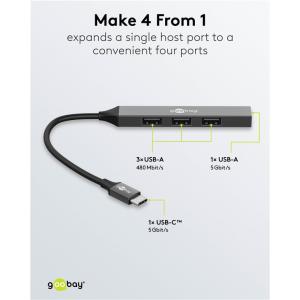 GOOBAY USB hub 74457, 4x θυρών, USB 3.2, 5Gbps, USB-C σύνδεση, γκρι | Συνοδευτικά PC | elabstore.gr