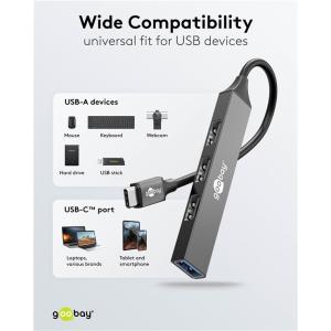 GOOBAY USB hub 74457, 4x θυρών, USB 3.2, 5Gbps, USB-C σύνδεση, γκρι | Συνοδευτικά PC | elabstore.gr