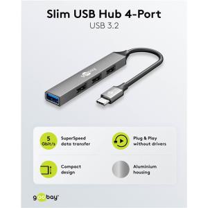 GOOBAY USB hub 74457, 4x θυρών, USB 3.2, 5Gbps, USB-C σύνδεση, γκρι | Συνοδευτικά PC | elabstore.gr