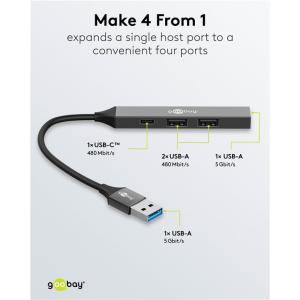 GOOBAY USB hub 74458, 4x θυρών, USB 3.2, 5Gbps, USB σύνδεση, γκρι | Συνοδευτικά PC | elabstore.gr