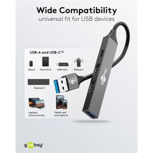 GOOBAY USB hub 74458, 4x θυρών, USB 3.2, 5Gbps, USB σύνδεση, γκρι | Συνοδευτικά PC | elabstore.gr
