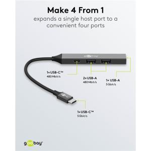 GOOBAY USB hub 74459, 4x θυρών, USB 3.2, 5Gbps, USB-C σύνδεση, γκρι | Συνοδευτικά PC | elabstore.gr