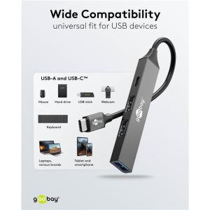 GOOBAY USB hub 74459, 4x θυρών, USB 3.2, 5Gbps, USB-C σύνδεση, γκρι | Συνοδευτικά PC | elabstore.gr