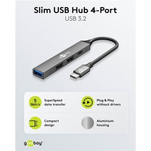 GOOBAY USB hub 74459, 4x θυρών, USB 3.2, 5Gbps, USB-C σύνδεση, γκρι | Συνοδευτικά PC | elabstore.gr
