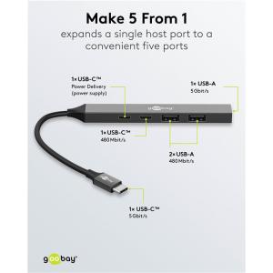 GOOBAY USB hub 74460, 5x θυρών, USB 3.2, 5Gbps, 100W, USB-C σύνδεση, γκρι | Συνοδευτικά PC | elabstore.gr