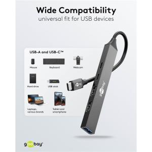 GOOBAY USB hub 74460, 5x θυρών, USB 3.2, 5Gbps, 100W, USB-C σύνδεση, γκρι | Συνοδευτικά PC | elabstore.gr