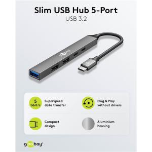 GOOBAY USB hub 74460, 5x θυρών, USB 3.2, 5Gbps, 100W, USB-C σύνδεση, γκρι | Συνοδευτικά PC | elabstore.gr