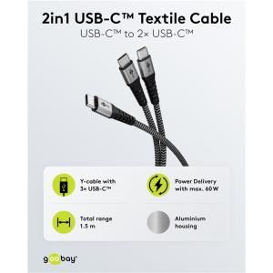 GOOBAY καλώδιο USB-C σε 2x USB-C 75739, 60W, 480Mbps, 1.5m, γκρι | Καλώδια - Αντάπτορες | elabstore.gr