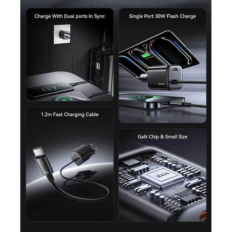 USAMS φορτιστής τοίχου CC264 με καλώδιο, USB-C, 30W, GaN, μαύρος | eLabstore.gr USAMS φορτιστής τοίχου CC264 με καλώδιο, USB-C, 30W, GaN, μαύρος | Αξεσουάρ κινητών | elabstore.gr
