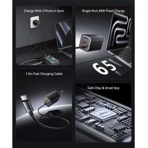 USAMS φορτιστής τοίχου CC266 με καλώδιο, USB & USB-C, 65W, GaN, μαύρος | Αξεσουάρ κινητών | elabstore.gr
