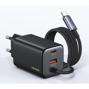 USAMS φορτιστής τοίχου CC266 με καλώδιο, USB & USB-C, 65W, GaN, μαύρος | Αξεσουάρ κινητών | elabstore.gr