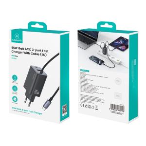 USAMS φορτιστής τοίχου CC266 με καλώδιο, USB & USB-C, 65W, GaN, μαύρος | Αξεσουάρ κινητών | elabstore.gr
