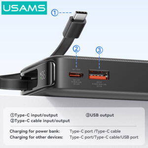 USAMS power bank CD224 με καλώδιο USB-C, 2x θύρες εξόδου, 10000mAh, 20W, λευκό | Αξεσουάρ κινητών | elabstore.gr