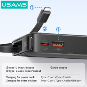 USAMS power bank CD225 με καλώδιο Lightning, 2x θύρες εξόδου, 10000mAh, 20W, μαύρο | Αξεσουάρ κινητών | elabstore.gr