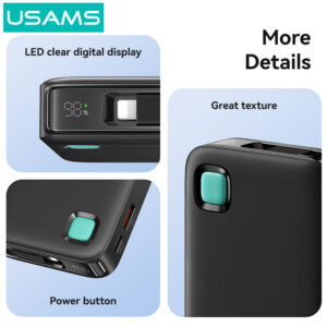 USAMS power bank CD225 με καλώδιο Lightning, 2x θύρες εξόδου, 10000mAh, 20W, μαύρο | Αξεσουάρ κινητών | elabstore.gr