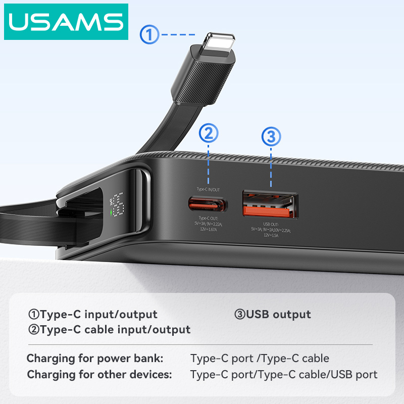 USAMS power bank CD225 με καλώδιο Lightning, 2x θύρες εξόδου, 10000mAh, 20W, λευκό | eLabstore.gr USAMS power bank CD225 με καλώδιο Lightning, 2x θύρες εξόδου, 10000mAh, 20W, λευκό | Αξεσουάρ κινητών | elabstore.gr