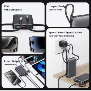 USAMS power bank CD228 με 2x καλώδια, 2x θύρες εξόδου, 10000mAh, 20W, γκρι | Αξεσουάρ κινητών | elabstore.gr