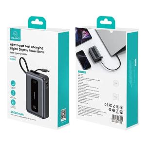USAMS power bank CD243 με καλώδιο USB-C, 2x θύρες εξόδου, 20000mAh, 65W, γκρι | eLabstore.gr