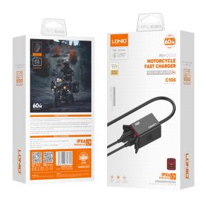 LDNIO φορτιστής μοτοσυκλέτας C108 με καλώδιο, USB/USB-C, 60W, μαύρος | Αξεσουάρ κινητών | elabstore.gr
