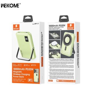Power Bank 10000mAh PD 20W WK WP-17 1 Θέσης, με Ασύρματη Φόρτιση Magnetic Πράσινο | Φόρτιση | elabstore.gr