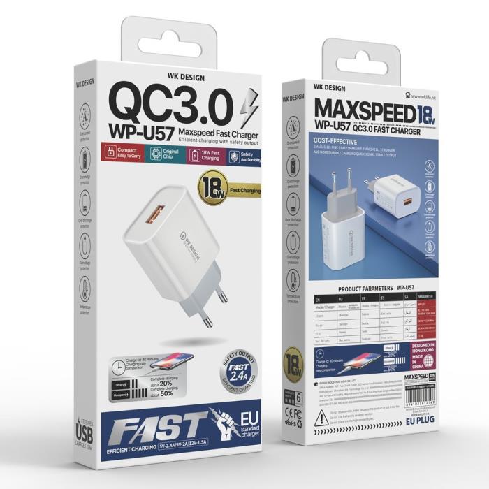 Φορτιστής Σπιτιού 18W WK WP-U57, με καλώδιο Micro USB Λευκό | eLabstore.gr Φορτιστής Σπιτιού 18W WK WP-U57, με καλώδιο Micro USB Λευκό | Φόρτιση | elabstore.gr
