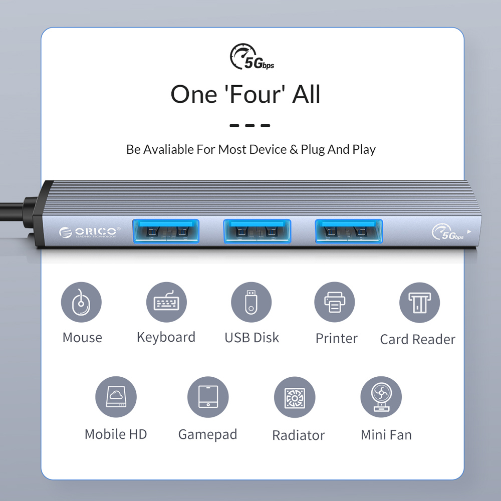 ORICO USB hub AH-13, 4x θυρών, USB 3.0, 5Gbps, USB-C σύνδεση, γκρι | eLabstore.gr ORICO USB hub AH-13, 4x θυρών, USB 3.0, 5Gbps, USB-C σύνδεση, γκρι | Συνοδευτικά PC | elabstore.gr