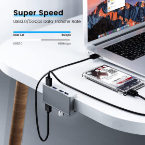 ORICO USB hub MH4PU-P με σφιγκτήρα, 4x θυρών, 5Gbps, USB σύνδεση, ασημί | Συνοδευτικά PC | elabstore.gr