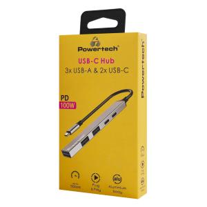 POWERTECH USB hub PT-1414, 5x θυρών, USB 3.2, 5Gbps, 100W, USB-C σύνδεση, γκρι | Συνοδευτικά PC | elabstore.gr