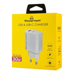 POWERTECH φορτιστής τοίχου PT-1433, USB/USB-C, 30W, GaN, λευκός | Αξεσουάρ κινητών | elabstore.gr