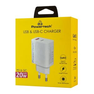 POWERTECH φορτιστής τοίχου PT-1437, USB/USB-C, 20W, GaN, λευκός | Αξεσουάρ κινητών | elabstore.gr