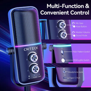 CMTECK επιτραπέζιο μικρόφωνο XM600, omnidirectional/καρδιοειδές, USB, RGB LED, μαύρο | eLabstore.gr