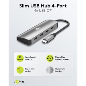 GOOBAY USB hub 76565, 4x θυρών, USB 3.2, 10Gbps, USB-C σύνδεση, γκρι | Συνοδευτικά PC | elabstore.gr