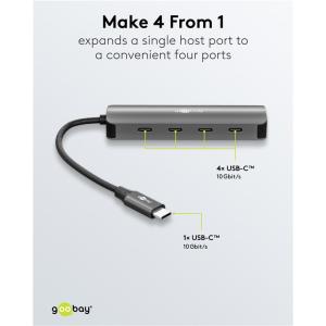 GOOBAY USB hub 76565, 4x θυρών, USB 3.2, 10Gbps, USB-C σύνδεση, γκρι | Συνοδευτικά PC | elabstore.gr