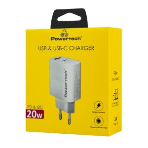 POWERTECH φορτιστής τοίχου PT-1493, USB/USB-C, 20W, λευκός | Αξεσουάρ κινητών | elabstore.gr