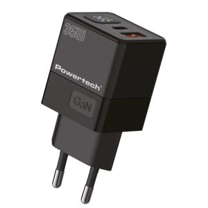POWERTECH φορτιστής τοίχου PT-1499 με οθόνη, USB/USB-C, 35W, GaN, μαύρος | Αξεσουάρ κινητών | elabstore.gr