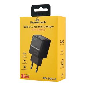 POWERTECH φορτιστής τοίχου PT-1499 με οθόνη, USB/USB-C, 35W, GaN, μαύρος | Αξεσουάρ κινητών | elabstore.gr