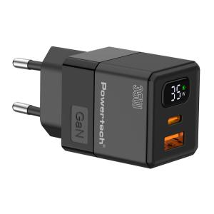 POWERTECH φορτιστής τοίχου PT-1499 με οθόνη, USB/USB-C, 35W, GaN, μαύρος | Αξεσουάρ κινητών | elabstore.gr