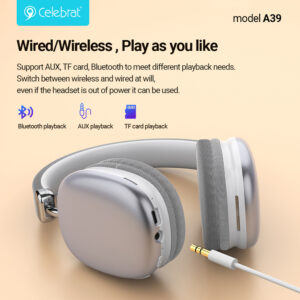 CELEBRAT headphones A39, ασύρματα & ενσύρματα, micro SD, 40mm, 400mAh, ασημί | eLabstore.gr CELEBRAT headphones A39, ασύρματα & ενσύρματα, micro SD, 40mm, 400mAh, ασημί | Αξεσουάρ κινητών | elabstore.gr