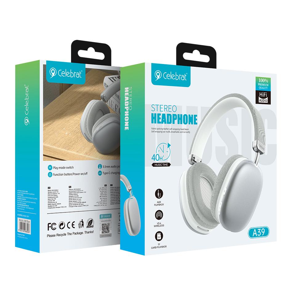 CELEBRAT headphones A39, ασύρματα & ενσύρματα, micro SD, 40mm, 400mAh, ασημί | eLabstore.gr CELEBRAT headphones A39, ασύρματα & ενσύρματα, micro SD, 40mm, 400mAh, ασημί | Αξεσουάρ κινητών | elabstore.gr