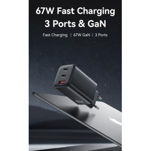USAMS φορτιστής τοίχου CC265, USB & 2x USB-C, 67W, GaN, μαύρος | Αξεσουάρ κινητών | elabstore.gr