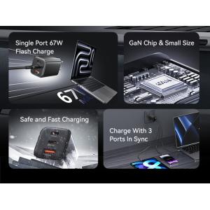 USAMS φορτιστής τοίχου CC265, USB & 2x USB-C, 67W, GaN, μαύρος | Αξεσουάρ κινητών | elabstore.gr