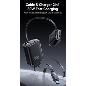 USAMS φορτιστής τοίχου CC296 με καλώδιο, USB & USB-C, 30W, μαύρος | Αξεσουάρ κινητών | elabstore.gr