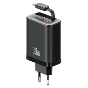 USAMS φορτιστής τοίχου CC296 με καλώδιο, USB & USB-C, 30W, μαύρος | Αξεσουάρ κινητών | elabstore.gr