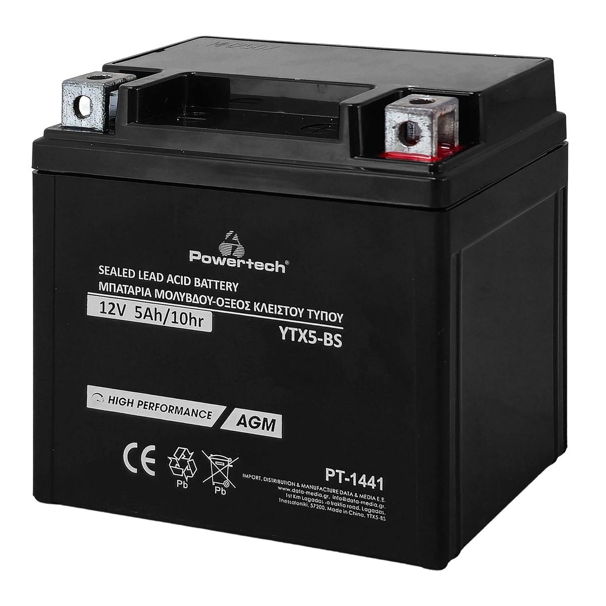 POWERTECH μπαταρία μολύβδου μοτοσυκλέτας PT-1441, 12V 5Ah, AGM, YTX5-BS | Gadgets - Αξεσουάρ | elabstore.gr