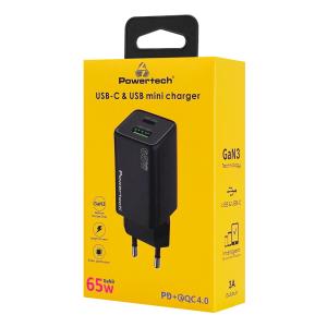 POWERTECH φορτιστής τοίχου PT-1501, USB/USB-C, 65W, GaN, μαύρος | Αξεσουάρ κινητών | elabstore.gr