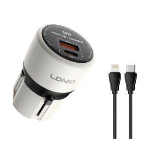 LDNIO φορτιστής τοίχου Q2319 με καλώδιο Lightning, EU/UK/US/AU βύσμα, USB/USB-C, 30W, γκρι | Αξεσουάρ κινητών | elabstore.gr